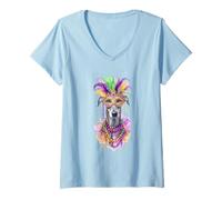 Mujer Mardi Gras Azawakh Dog - Máscara de Carnaval Colorida y Arte de Cuentas Camiseta Cuello V