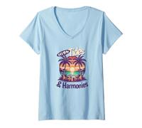 Mujer Mareas Altas y Armonías Yate Rock Puesta del Sol Tropical Lounge Camiseta Cuello V