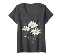 Mujer Margarita Flor Abril Nacimiento Flor Floral Cumpleaños Camiseta Cuello V, Jaspeado Oscuro, M