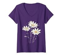 Mujer Margarita Flor Abril Nacimiento Flor Floral Cumpleaños Camiseta Cuello V, Morado, M
