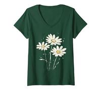 Mujer Margarita Flor Abril Nacimiento Flor Floral Cumpleaños Camiseta Cuello V, Verde Bosque, M