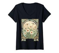 Mujer Margarita Primavera Mes Nacimiento Flor Art Nouveau Vintage Camiseta Cuello V