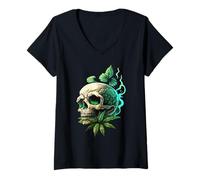 Mujer Marihuana Skull Smoke Weed Cannabis 420 Pot Leaf Sugar Skull Camiseta Cuello V