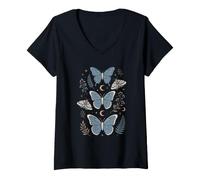 Mujer Mariposa Azul mística Polilla Celestial Luna Estrellas botánica Camiseta Cuello V