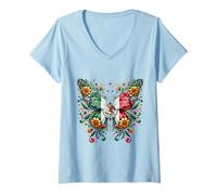 Mujer Mariposa Bandera Mexicana Flores Mexico Mexicana Chicana Chicas Camiseta Cuello V