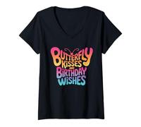 Mujer Mariposa besos cumpleaños deseos retro mariposa texto arte Camiseta Cuello V
