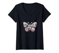 Mujer Mariposa de San Jorge - Utah Desierto Ciudad Nombre Palabra Arte Camiseta Cuello V
