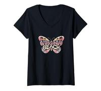 Mujer Mariposa de Virginia Beach - Arte de Palabra con Nombre de Ciudad Retro Camiseta Cuello V