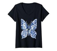 Mujer Mariposa Floral Vintage con Flores Delft Art Chinoiserie Camiseta Cuello V