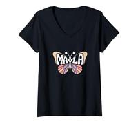 Mujer Mariposa Mayla - Arte de Palabras con Nombre Personalizado Camiseta Cuello V