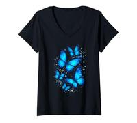 Mujer Mariposas Azules Arte Jardín Hermosas Maripos Camiseta Cuello V