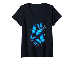 Mujer Mariposas Azules Arte Jardín Hermosas Maripos Camiseta Cuello V