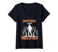 Mujer Mariscal de Campo por día Zombie por la Noche Divertido Halloween Espeluznante Camiseta Cuello V