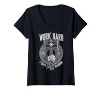 Mujer Martillo Vikingo Trabaja Duro Lucha Duro Runas de Guerrero Norse Camiseta Cuello V