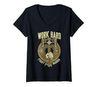 Mujer Martillo Vikingo Trabaja Duro Lucha Duro Runas de Guerrero Norse Camiseta Cuello V