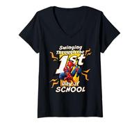 Mujer Marvel Spider-Man Swinging Through The 1st Day of School Camiseta Cuello V