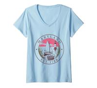 Mujer Maryland Vintage State 1788 Camisa Velero Faro Bay Camiseta Cuello V