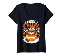 Mujer Más Café Menos Preocupación Vida Divertido Barista Cafeína Amante Camiseta Cuello V
