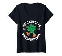 Mujer Más probabilidades de Cantar un Himno irlandés Shamrock Día de San Patricio Camiseta Cuello V