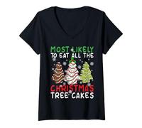 Mujer Más probabilidades de Comer Todos los Pasteles del árbol de Navidad Temporada de Navidad Camiseta Cuello V