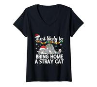 Mujer Más probabilidades de Llevar a casa un Gato Callejero Divertido a Juego Familiar Camiseta Cuello V