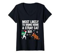 Mujer Más probabilidades de traer a casa un Gato Callejero Navidad Camiseta Cuello V