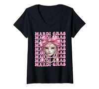 Mujer Máscara de carnaval de Mardi Gras con lazo rosa Camiseta Cuello V