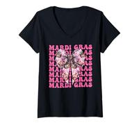 Mujer Máscara de carnaval de Mardi Gras con lazo rosa Camiseta Cuello V