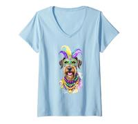 Mujer Máscara de Carnaval de Perro Airedale Terrier de Mardi Gras Camiseta Cuello V