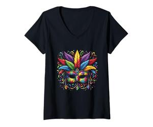 Mujer Máscara de concienciación sobre el Autismo de Mardi Gras con Plumas, Rompecabezas de Carnaval Camiseta Cuello V
