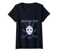Mujer Máscara de Hockey Azul para niño de 4º cumpleaños Feliz Rayo Camiseta Cuello V