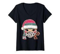 Mujer Máscara Festiva de Ninja de Navidad, Leopardo, Papá Noel Camiseta Cuello V