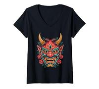 Mujer Máscara Japonesa Demon Yokai Devil Cherry Blossom Hannya Oni Camiseta Cuello V