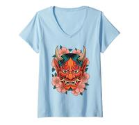 Mujer Máscara Japonesa Demon Yokai Devil Cherry Blossom Hannya Oni Camiseta Cuello V