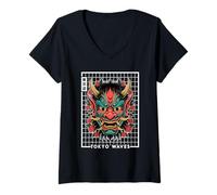Mujer Máscara Japonesa Diablo Hannya Demonio Japonés Oni Grid Yokai Oni Camiseta Cuello V