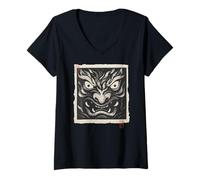 Mujer Máscara japonesa Oni Demon Yokai Vintage Woodblock Print Camiseta Cuello V