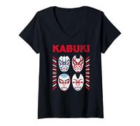 Mujer Máscara Kabuki diseño Rock japonés con Estilo Glam Divertido Camiseta Cuello V