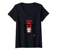 Mujer Máscara Kitsune Japón Hoja de Arce Puerta Torii Espíritu Camiseta Cuello V