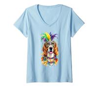 Mujer Máscara y Cuentas de Perro Foxhound Americano de Mardi Gras Camiseta Cuello V