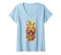 Mujer Máscara y Cuentas de Perro Labradoodle de Chocolate Mardi Gras Camiseta Cuello V
