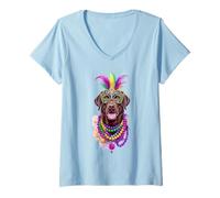 Mujer Máscara y Cuentas de Perro Labrador de Chocolate Mardi Gras Camiseta Cuello V