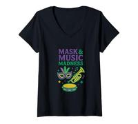 Mujer Máscara y música Madness Mardi Gras Celebración Diseño Camiseta Cuello V