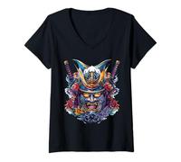 Mujer Máscaras Samurái Vibrantes Guerreros Arte Camiseta Cuello V