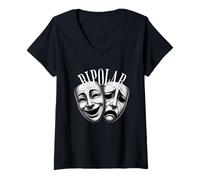 Mujer Máscaras Teatro Bipolar Comedia tragedia Arte Oscuro Drama Camiseta Cuello V