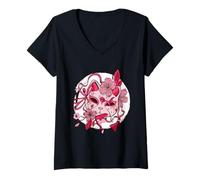 Mujer Mascarilla Japonesa estética Blanca Kitsune con Flor de Cerezo Camiseta Cuello V