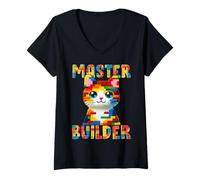 Mujer Master Builder Block Building Toy Kids Girls Cat Lover Camiseta Cuello V
