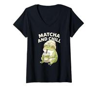 Mujer Matcha and Chill Frog Humor Green Bubble Tea Fan Entusiasta Camiseta Cuello V