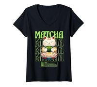 Mujer Matcha Cat Kawaii Japonés Otaku Anime Té Verde Estética Camiseta Cuello V