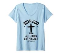 Mujer Mateo 19:26 con Dios Todas Las Cosas Son posibles Cruz Camiseta Cuello V