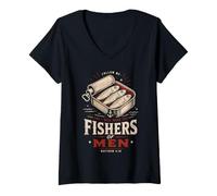 Mujer Mateo 4:19 Sardinas Discipulado Cristiano Escritura Camiseta Cuello V